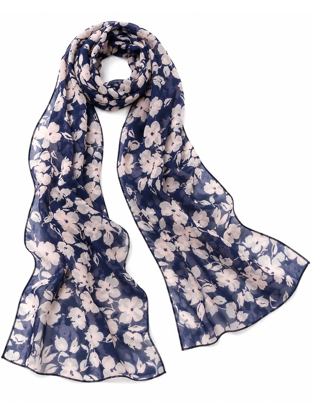 Navy & Pale Pink Floral Lightweight Scarf 67” x 8” - Picture 5 of 6